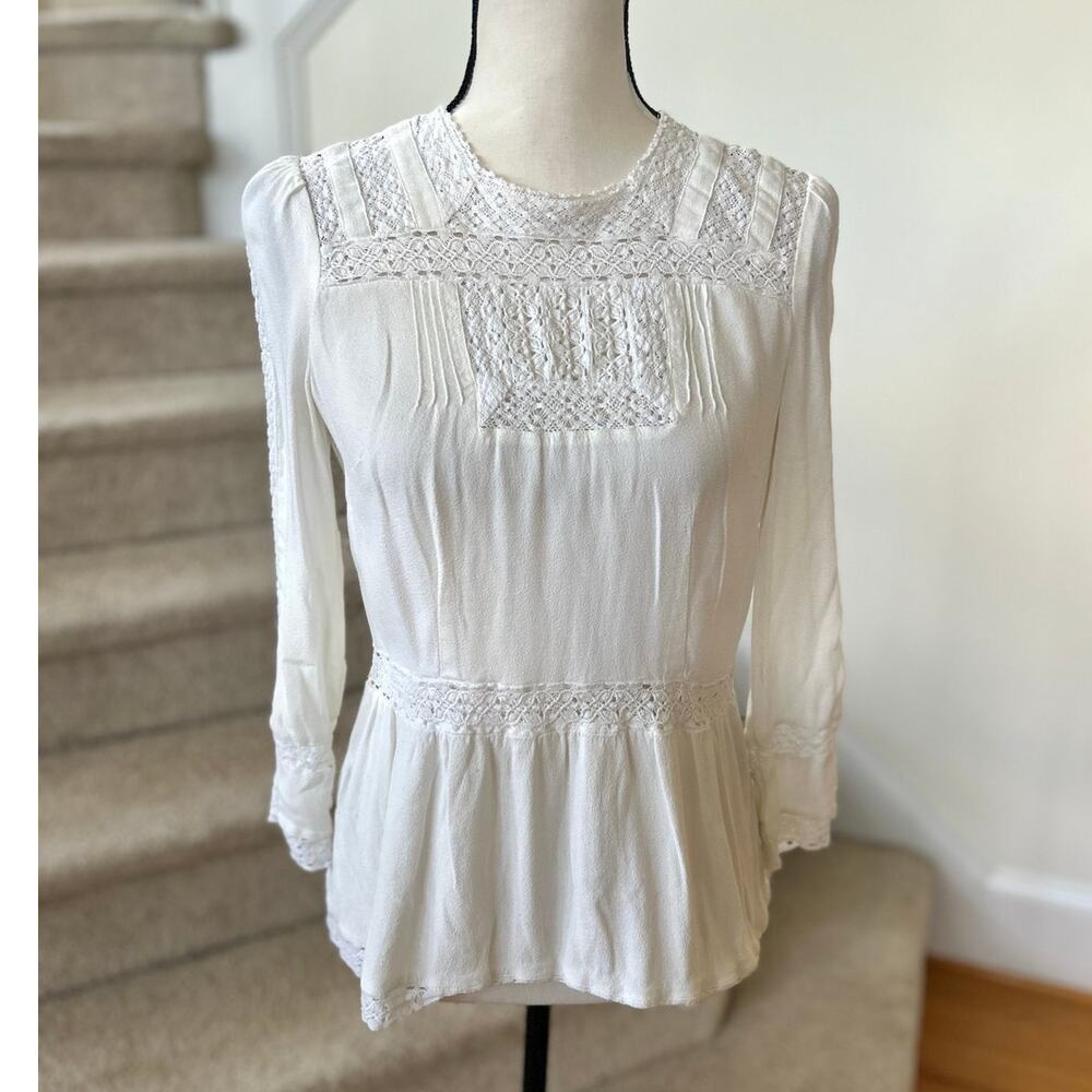 Point Sur J.Crew White Romantic Victorian Lace Peplum Long Sleeve Blouse